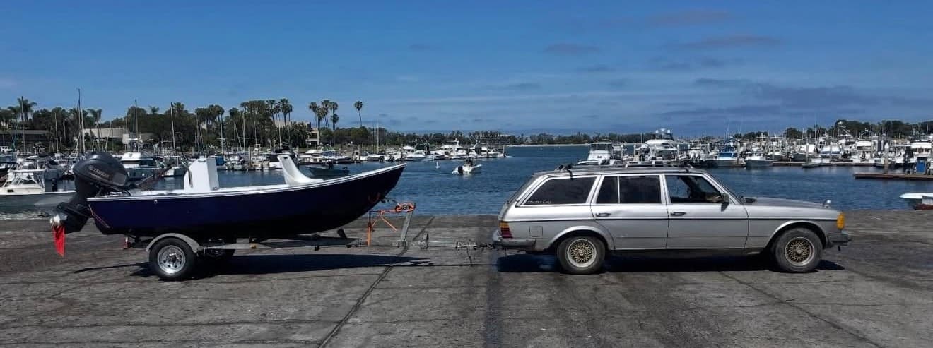 Del Mar skiff at the launch ramp