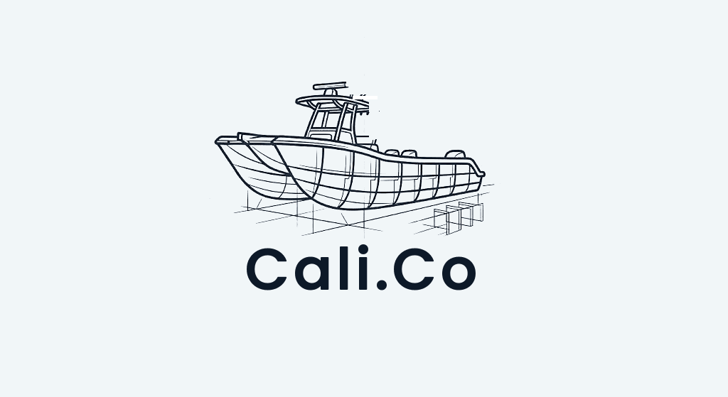 Cali.Co logo with a power catamaran blueprint drawing