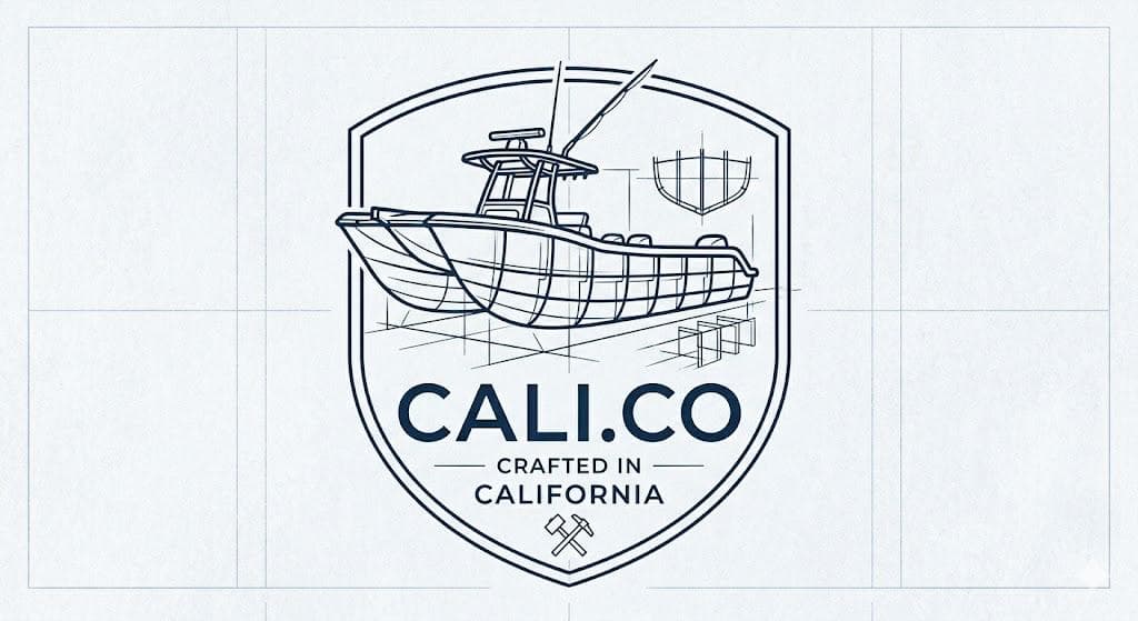 Cali.co Boatworks shield logo with power catamaran blueprint
